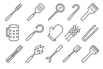 Obraz premium Grill Utensil Icons. Line style icons of grilling utensils: grill fork, BBQ spatula, meat thermometer, basting brush; charcoal