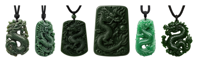 Jade dragon pendant set including various carved designs and shades of green isolated. Cultural jewelry and good luck symbols.