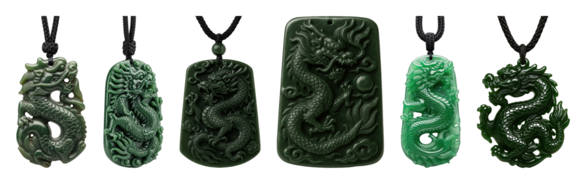 Jade dragon pendant set including various carved designs and shades of green isolated. Cultural jewelry and good luck symbols.