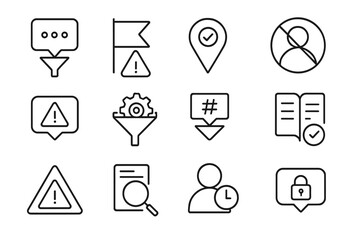 Fototapeta premium Content Moderation Icons. Line style icons of content moderation: comment filter, flagged content, review icon, ban user; warning