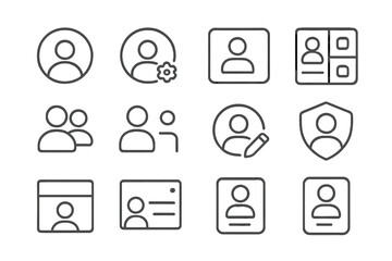 User Profile Icons. Line style icons of user profiles: profile circle, user settings, bio card, profile grid; followers icon,
