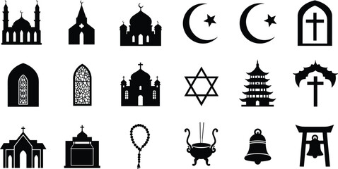 Religious symbols and icons, church silhouettes, mosque and pagoda, star of David, crescent moon, cross, spiritual icons vector set