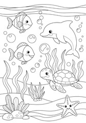 Sea animals coloring page for kids with fish, turtle and dolphin