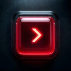 Illuminated red button with a bright arrow symbol, signifying forward movement and action.