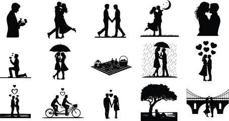 Romantic couple silhouettes, love, proposal, picnic, kiss, umbrella, hearts, bicycle, walking, engagement, romance, outdoor, relationship, date, affection