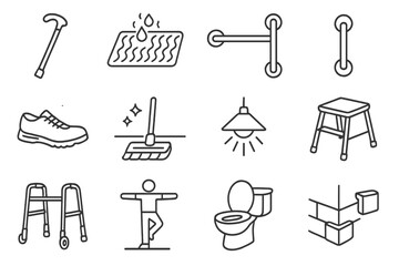 Fall Prevention Icons. Line style icons of fall prevention: walking cane, non-slip mat, safety rail, hand grip bar; supportive