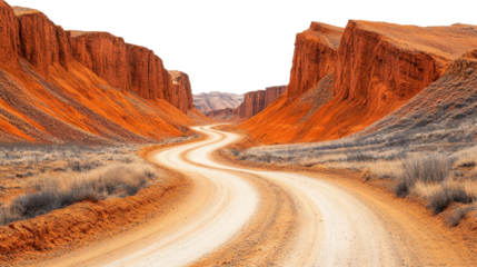 Red rock canyon with a curving dry road isolated on a white transparent background