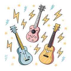 Fototapeta premium Three colorful ukuleles with lightning bolts and stars on a black background