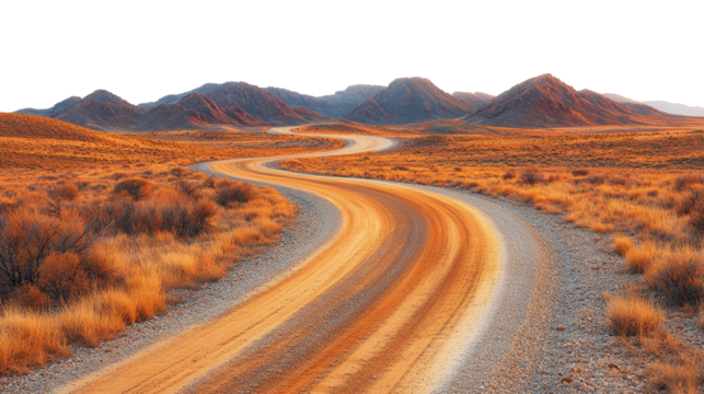 Red rock canyon with a curving dry road isolated on a white transparent background