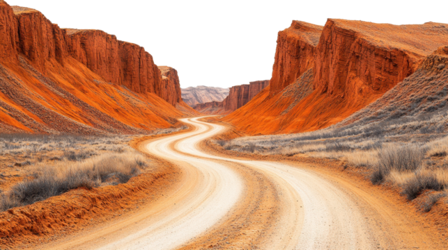 Red rock canyon with a curving dry road isolated on a white transparent background