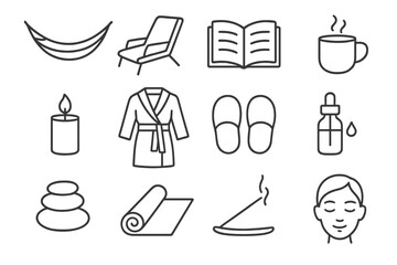 Relaxation Icons Collection. Line style icons of relaxation and leisure: hammock, lounge chair, book, hot drink; candle, bathrobe,