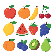 A vibrant collection of fresh and healthy fruits and berries, including apples, oranges, banana, guava and strawberries, in a colorful vector illustration. Editable file