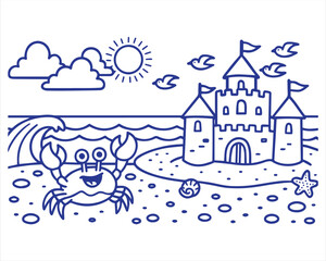 Obraz premium sandcastle and cartoon crab summer
