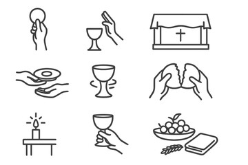 Fototapeta premium Communion Line Art. Line style icons of communion service: host raised, chalice blessed, altar with cover, plate passed; wine in