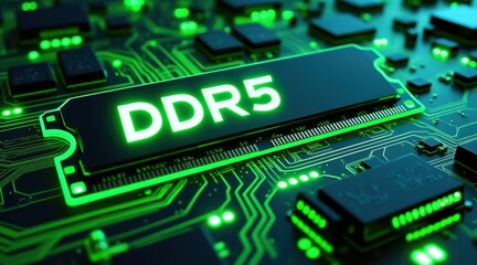 Futuristic neon green ddr5 ram modules glowing with advanced computer technology