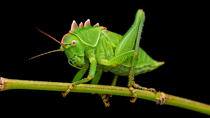 A vibrant green katydid with spiky protrusions on its back perches on a thin green branch against a stark black background