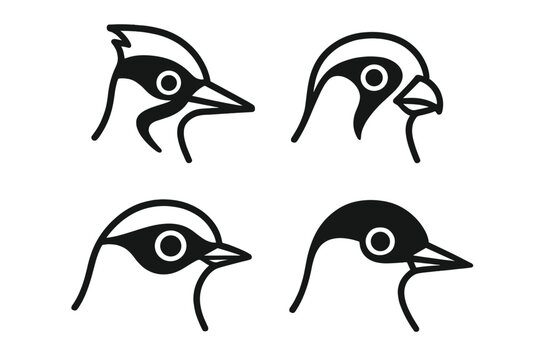 Masked Bird Icons. Line style icons of masked bird faces: masked woodpecker, falcon face mark, warbler pattern, tern head; high
