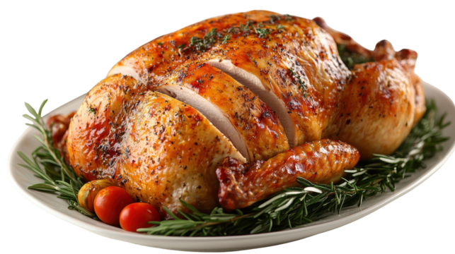 Roasted turkey ready to serve isolated on a white transparent background