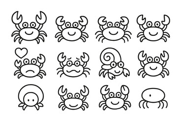 Obraz premium Crab Faces Icons. Line style icons of crab faces: crab with big claws, tiny eye crab, smiling crab, waving claw crab; crab with