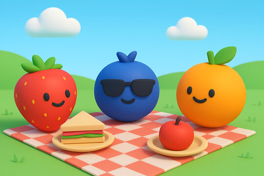 Cute 3D Animated Fruits at a Picnic – Strawberry, Blueberry, and Orange with Smiles