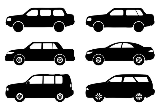 Six different car silhouettes in black on a white background showcasing various vehicle types including sedan suv and wagon perfect for automotive design and transportation themes with a clean modern 