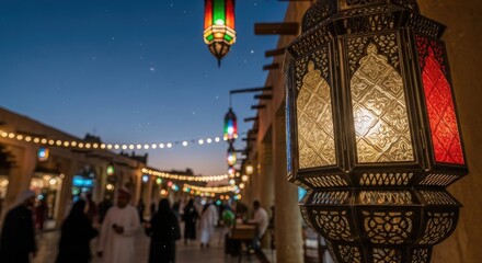 Obraz premium Traditional ramadan lantern illuminating a bustling arabian street