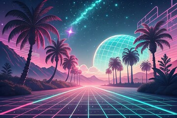 Fototapeta premium Retro futuristic neon palm tree landscape with glowing grid road