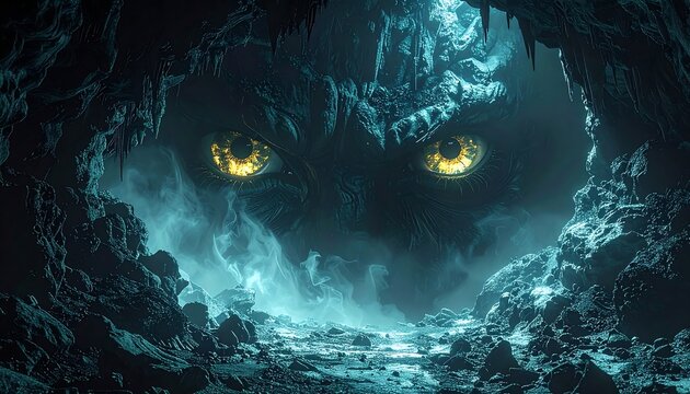 Glowing eye mountain god : fantasy cave digital painting depicting