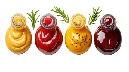 Selection of different sauces in bowls isolated on white transparent background