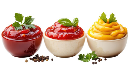 Selection of different sauces in bowls isolated on white transparent background