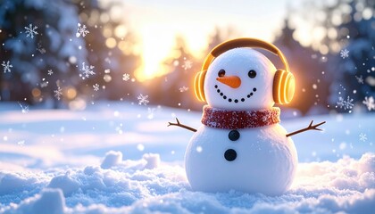 Fototapeta premium Cheerful snowman with glowing headphones enjoying music in a snowy winter landscape at sunset, symbol of joy, seasonal holiday spirit and playful imagination