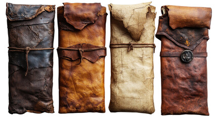 Set of ancient parchment scrolls isolated on a white transparent background