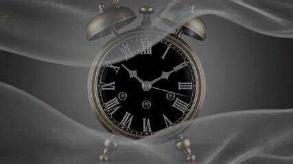 A surreal 4K video of an antique clock with roman numerals, surrounded by flowing, shimmering fabric of time. Slow, elegant camera movement creates a magical, timeless atmosphere - Powered by Adobe