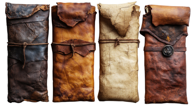 Set of ancient parchment scrolls isolated on a white transparent background