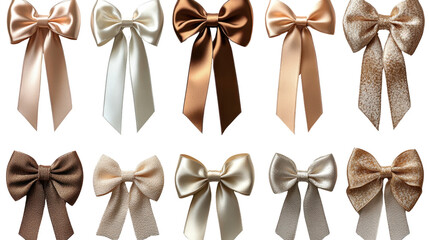 Set of beige ribbons and bows isolated on a white transparent background