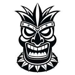 Monochrome Tiki Mask Vector Illustration with Crown and Teeth Gritted in Anger