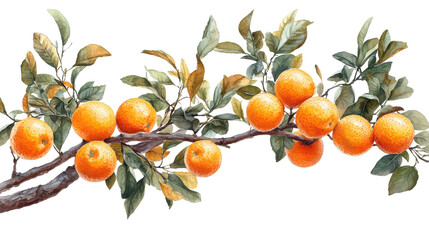 Set of branches with ripe delicious oranges isolated on a white transparent background