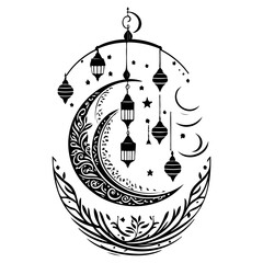 Ramadan Lantern Hanging Crescent Moon illustration sketch hand draw