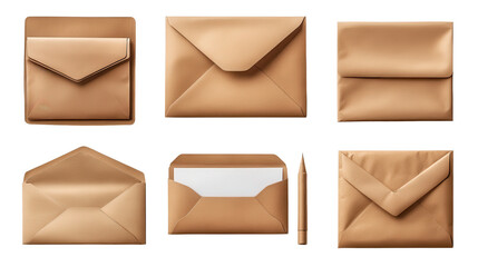 Set of brown envelopes sealed empty and with a blank isolated on a white transparent background