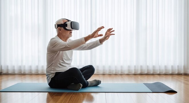 Senior Man using VR Headset in Yoga Pose, Isolated on White Background