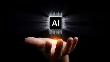 Artistic ai chip in hand with light effects glowing in darkness futuristic technology concept innovation