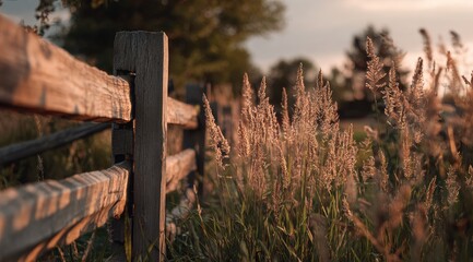 Rustic wooden fence at sunset.  Golden grass sways gently beside