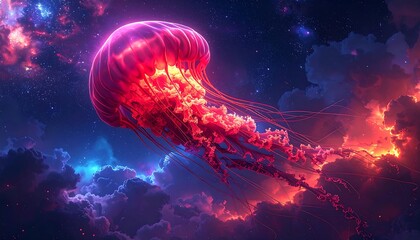 Naklejka premium Celestial jellyfish : a fantasy dreamscape float through fantastical cosmo