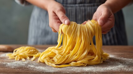 Handcrafted Pasta Preparation on Wooden Table with Flour, Traditional Cooking Techniques and Fresh Ingredients in Culinary Art
