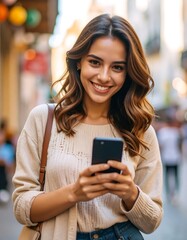 Woman smiling, using phone, city street