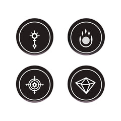 Collection of four black round icons with white symbols isolated on white background, representing different game elements