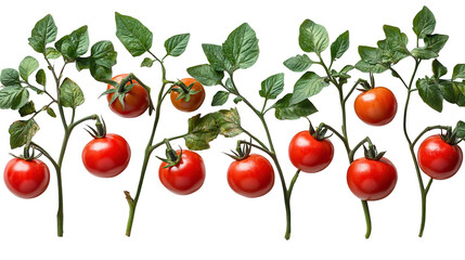 Set of fresh, delicious tomatoes with leaves isolated on a white transparent background