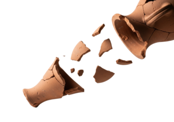 Aged terracotta vase fragments, worn and jagged, suspended weightless, drifting apart against transparent studio background, close-up macro, high-key, shallow depth of field, concept of impermanence