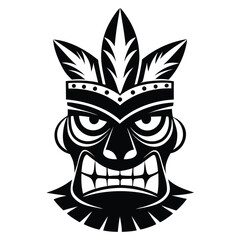 Bold Black Tribal Mask with Feathers and Gritted Teeth Illustration Style