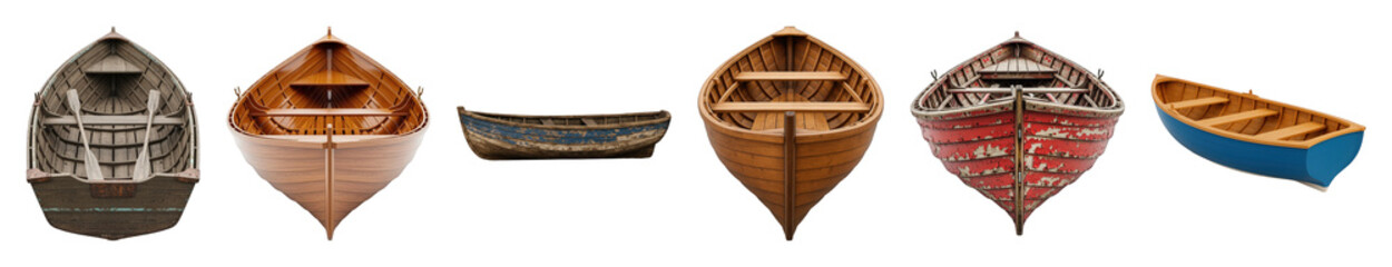 Fototapeta premium Wooden boat set including new, old, weathered, blue, and red styles isolated. Nautical theme and marine collection.